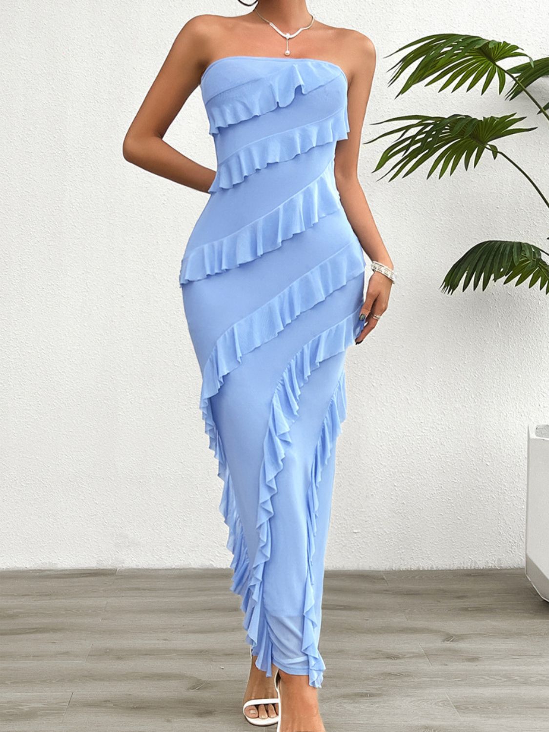 Devine Ruffled Slit Back Tube Maxi Dress