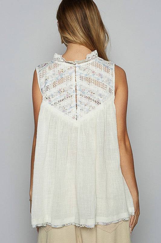 POL Lace Detail Floral Sleeveless Rayon Gauze Top