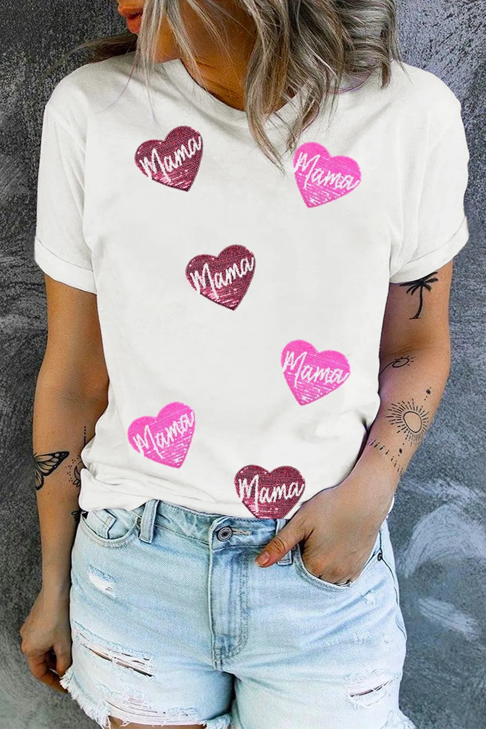 MAMA Heart Shape Sequin Patched Crew Neck T Shirt