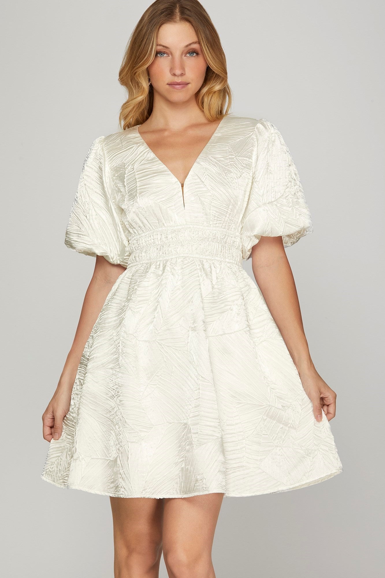 She + Sky Crinkle Woven V-Neck Balloon Sleeve Mini Dress - Clothes For Her Online Store