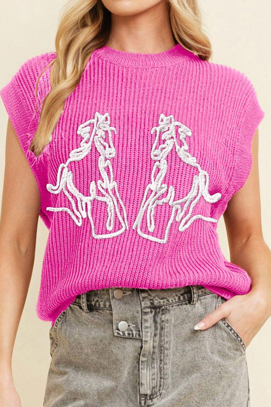 Western Horse Embroidered Round Neck Sweater - Clothes For Her Online Store
