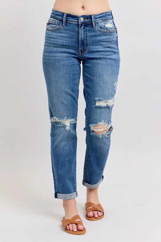 Judy Blue Full Size Mr Vintage Wash Boyfriend Fit W/ Destroy Jeans Plue Size