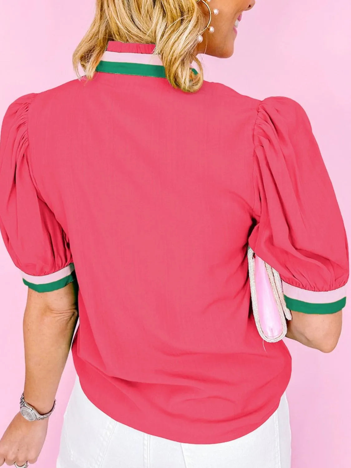 Carrot Colorful Trim V Neck Short Sleeve Blouse