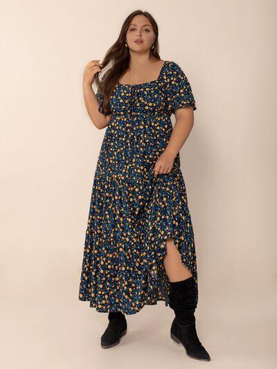 Plus Size Printed Short Sleeve Slit Tiered Maxi Dress