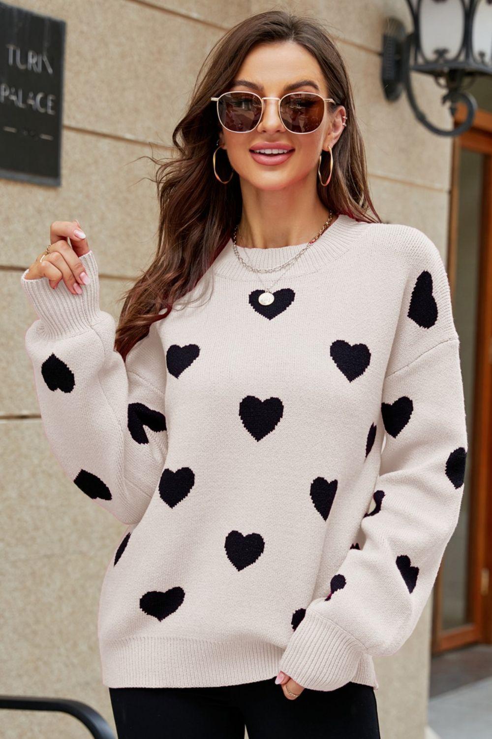 Woven Right Heart Pattern Lantern Sleeve Round Neck Tunic Sweater - Clothes For Her Online Store