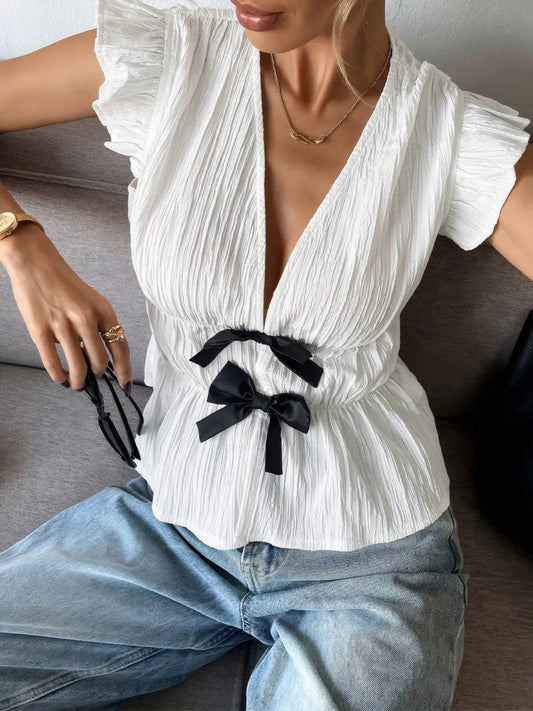 Bow V-Neck Cap Sleeve Blouse