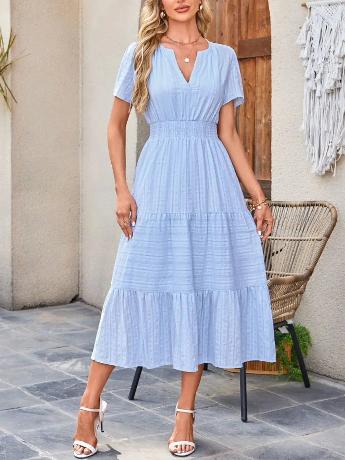 Tiered Notched Short Sleeve Dress - Clothes For Her Online Store