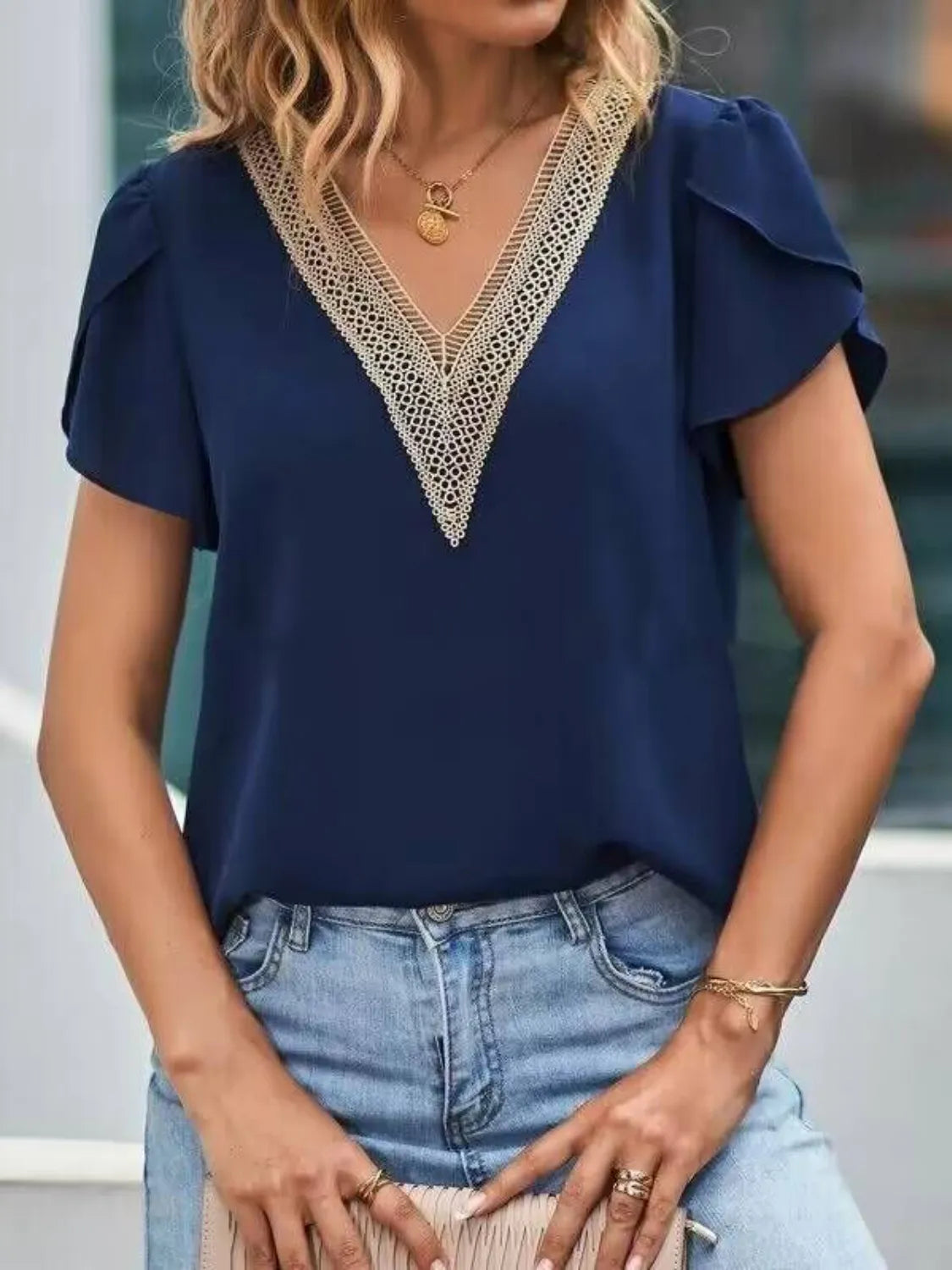 V-Neck Petal Sleeve Blouse