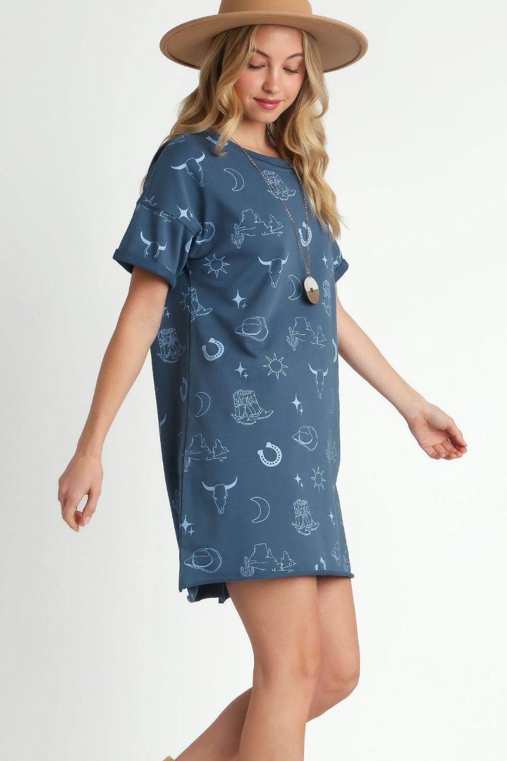 Umgee Full Size French Terry Short Sleeve Round Neck Dress Plus Size - Clothes For Her Online Store