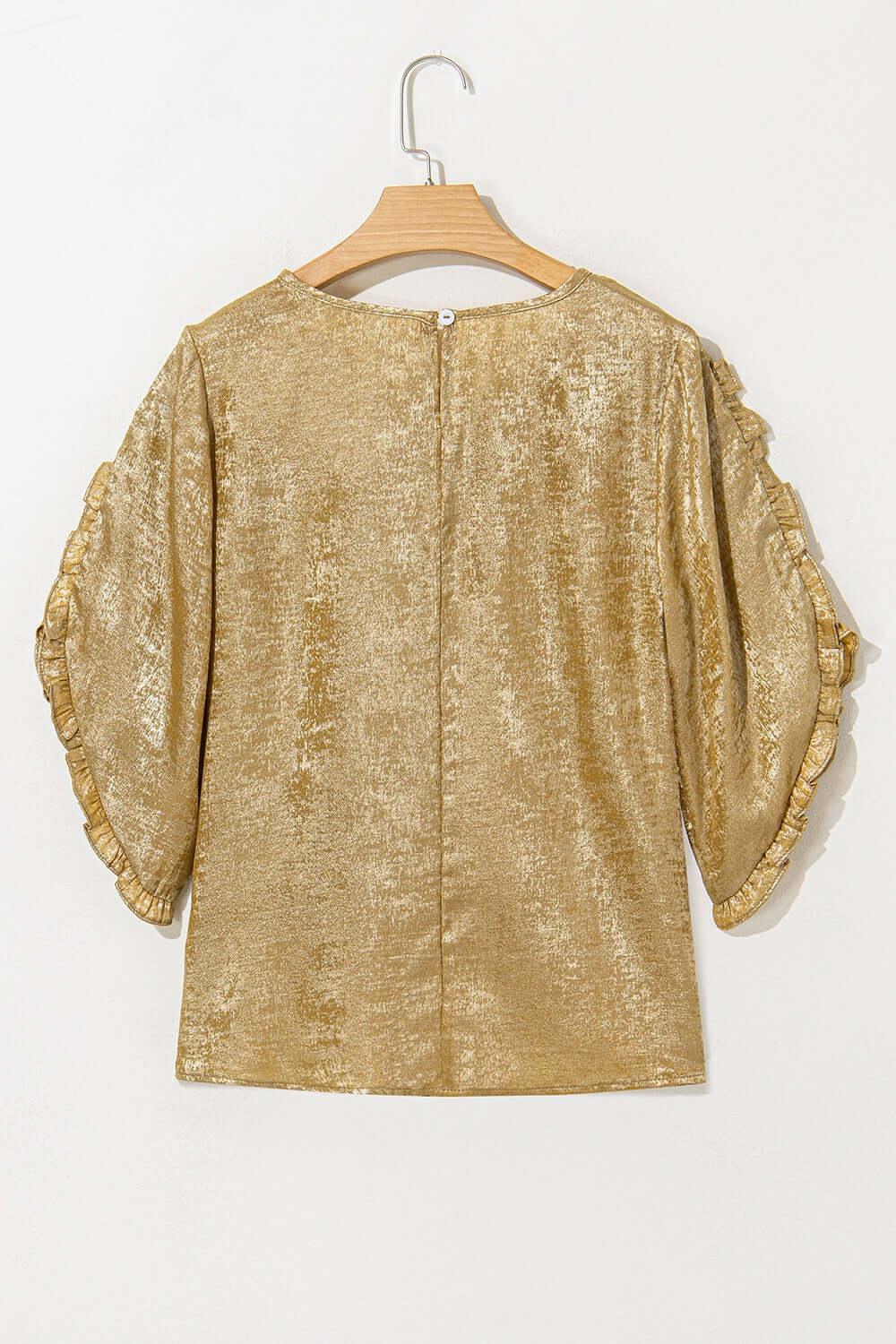 Metallic Luster Round Neck Frill 3/4 Sleeve Blouse