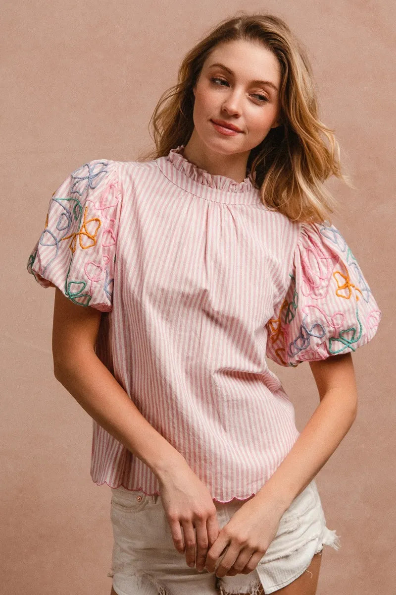 BiBi Embroidery Bubble Sleeve Top With Bottom Scallop Detail