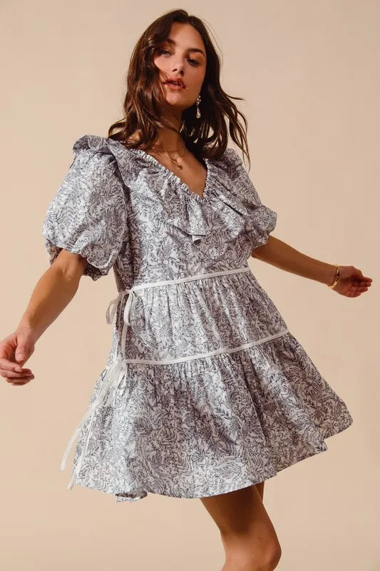 SO ME Cotton Printed Ruffle V Neckline Dress with Side Tie