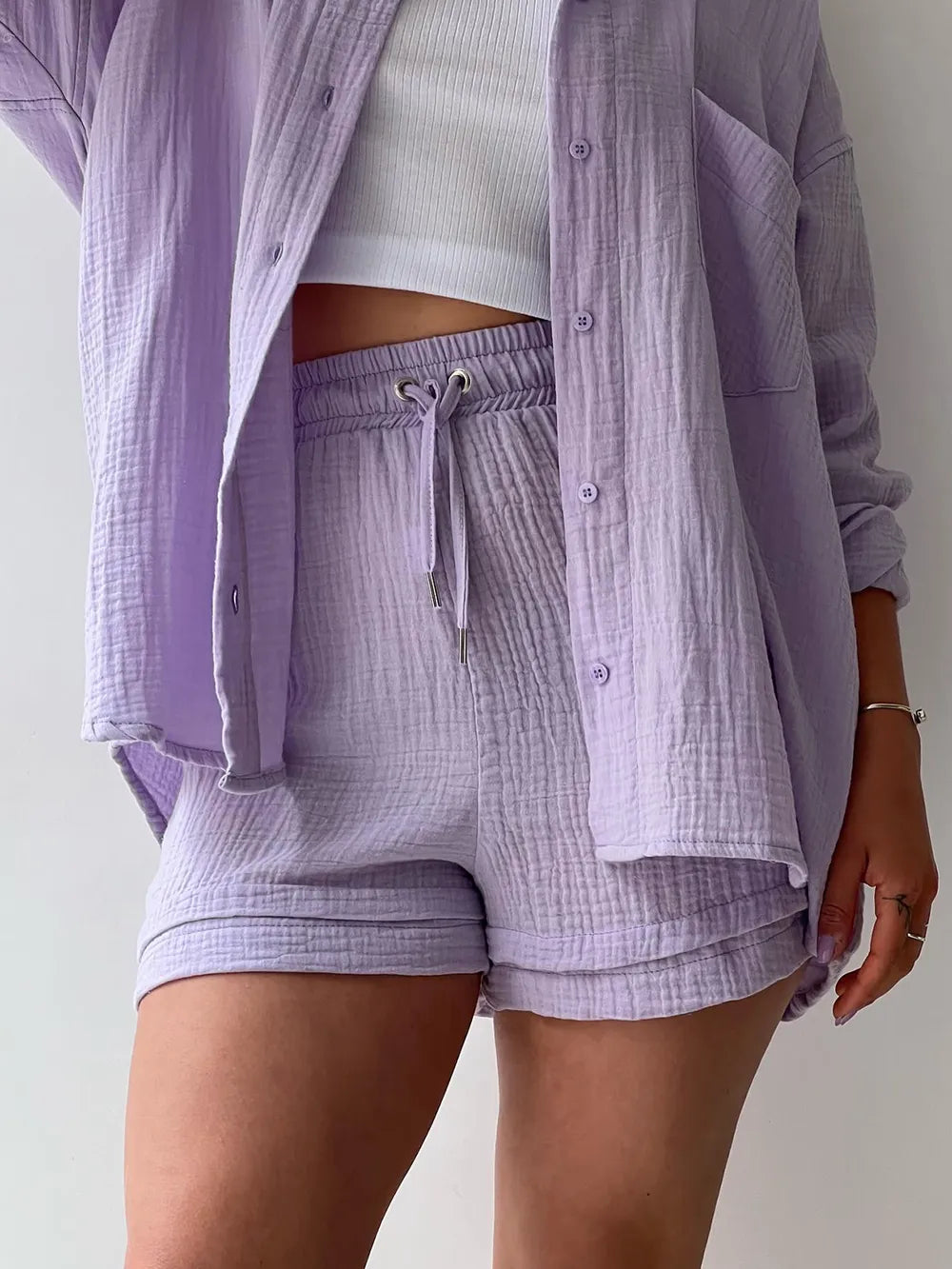 Texture Button Up Shirt and Drawstring Shorts Set - Clothes For Her Online Store