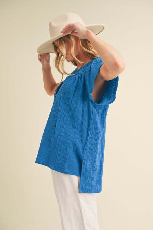 Aemi + Co Embroidered Trim Side Slit Notched Short Sleeve Blouse