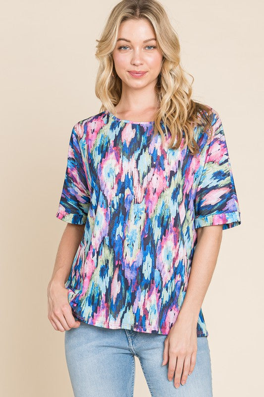 BOMBOM Lightweight Contrast Round Neck Short Sleeve T-Shirt - Clothes For Her Online Store