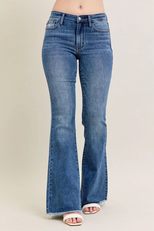 Judy Blue Full Size Mr Vintage Wash Flare Jeans W/ Destroy and Fray Hem Plus Size