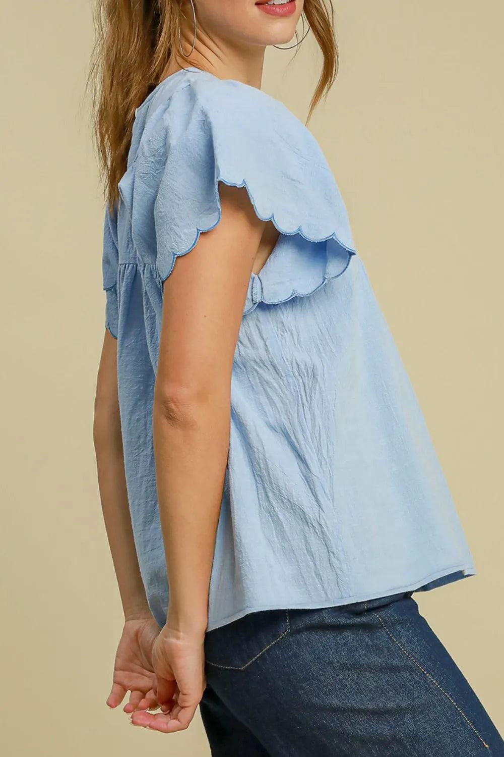 Solid Color Embroidered Scalloped Sleeves Crew Neck Blouse