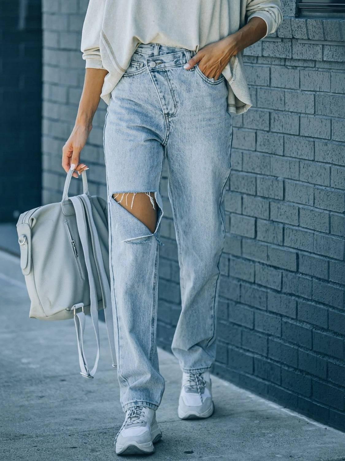 Distressed Asymmetric Waist Jeans - Clothes For Her Online Store