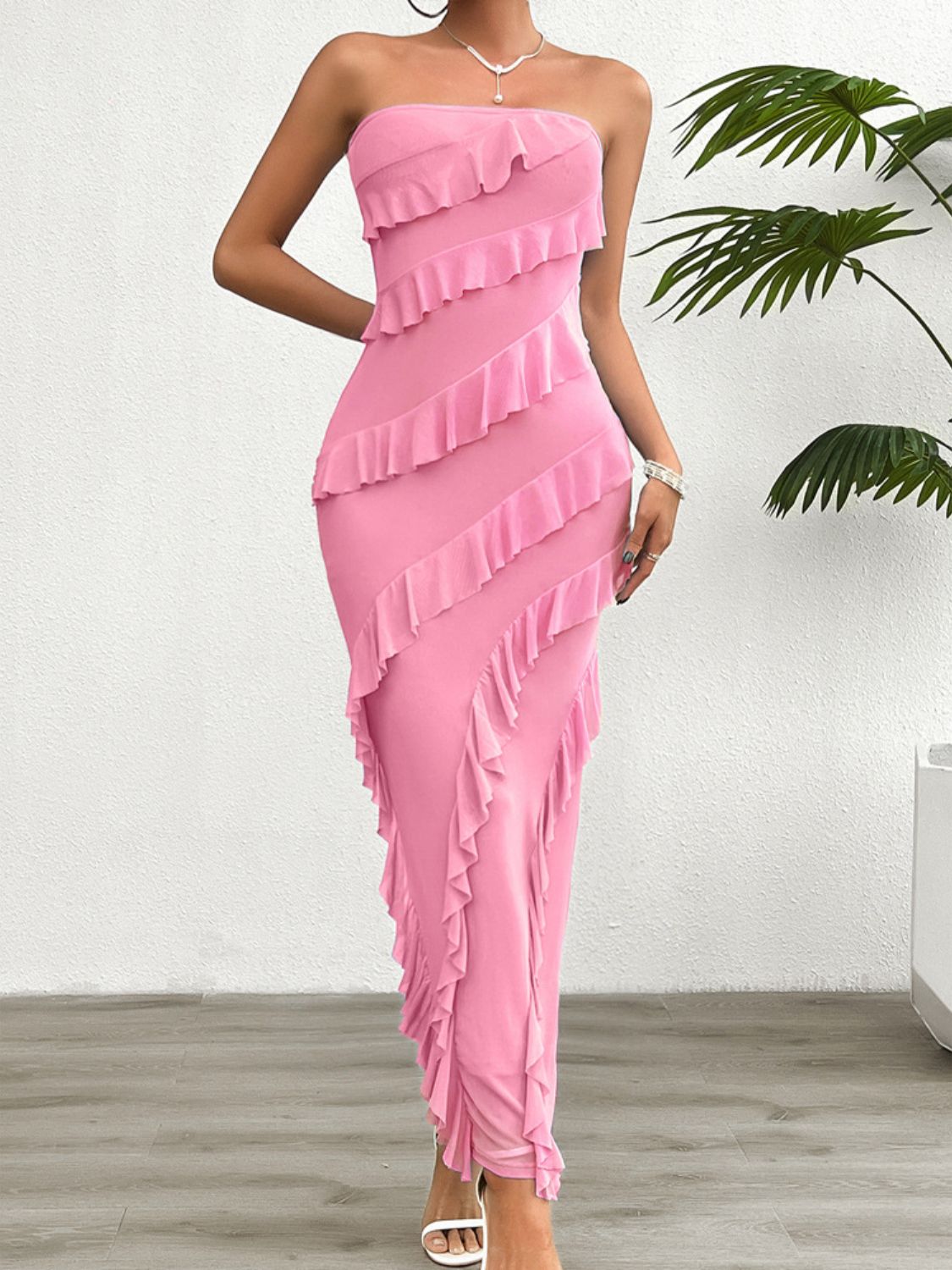 Devine Ruffled Slit Back Tube Maxi Dress