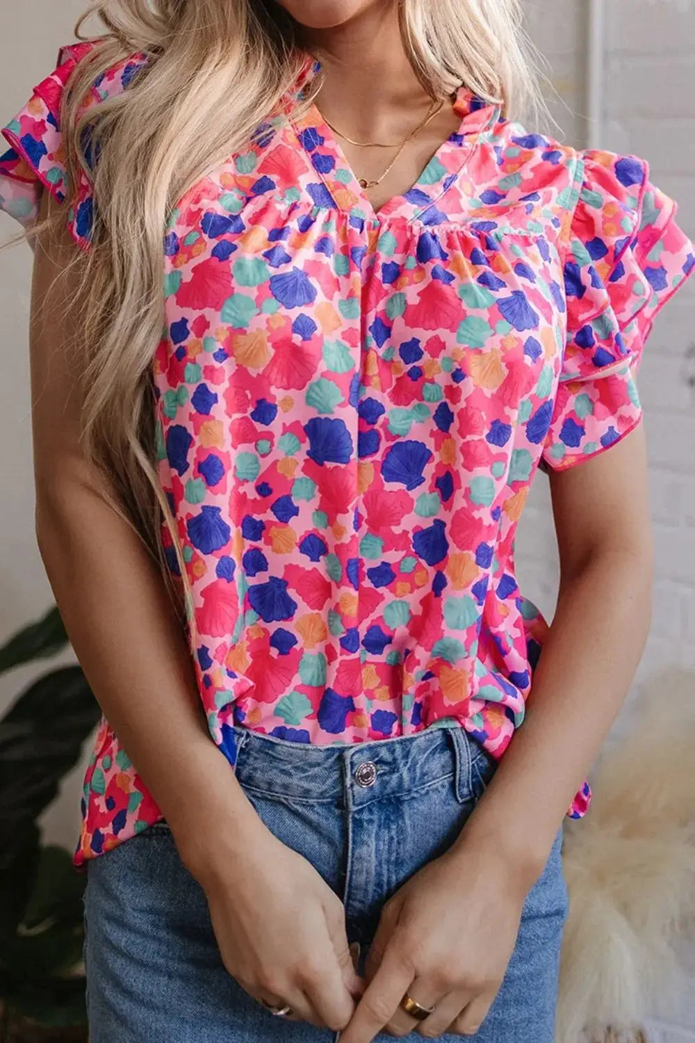 Abstract Print Ruffled Sleeve Notched Blouse - Clothes For Her Online Store