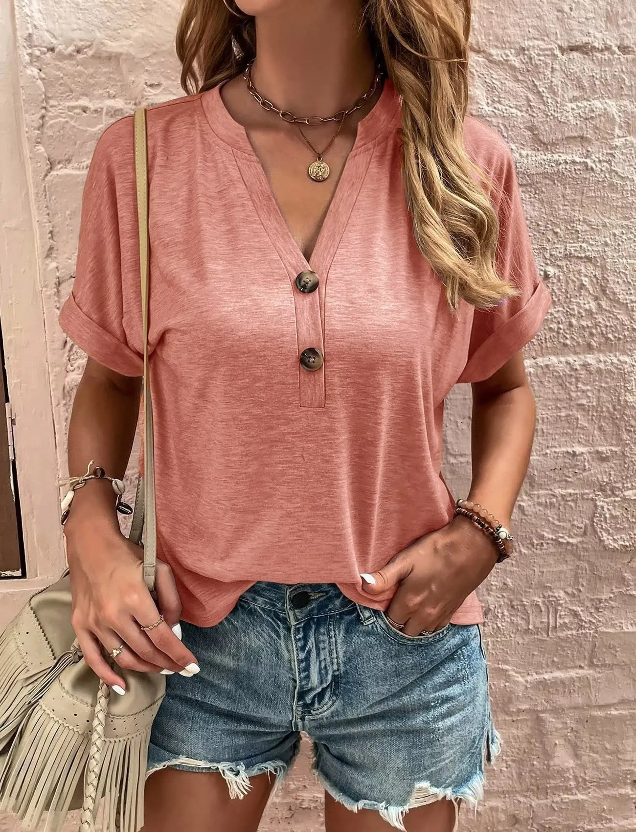 Full Size Casual Notched Short Sleeve Blouse Plus Size