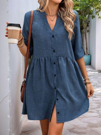 Perfee Button Down Notched Half Sleeve Mini Shirt Dress