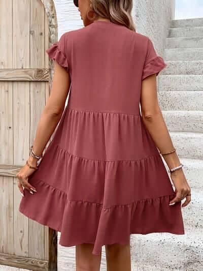 Perfee Tiered Notched Flounce Sleeve Mini Dress