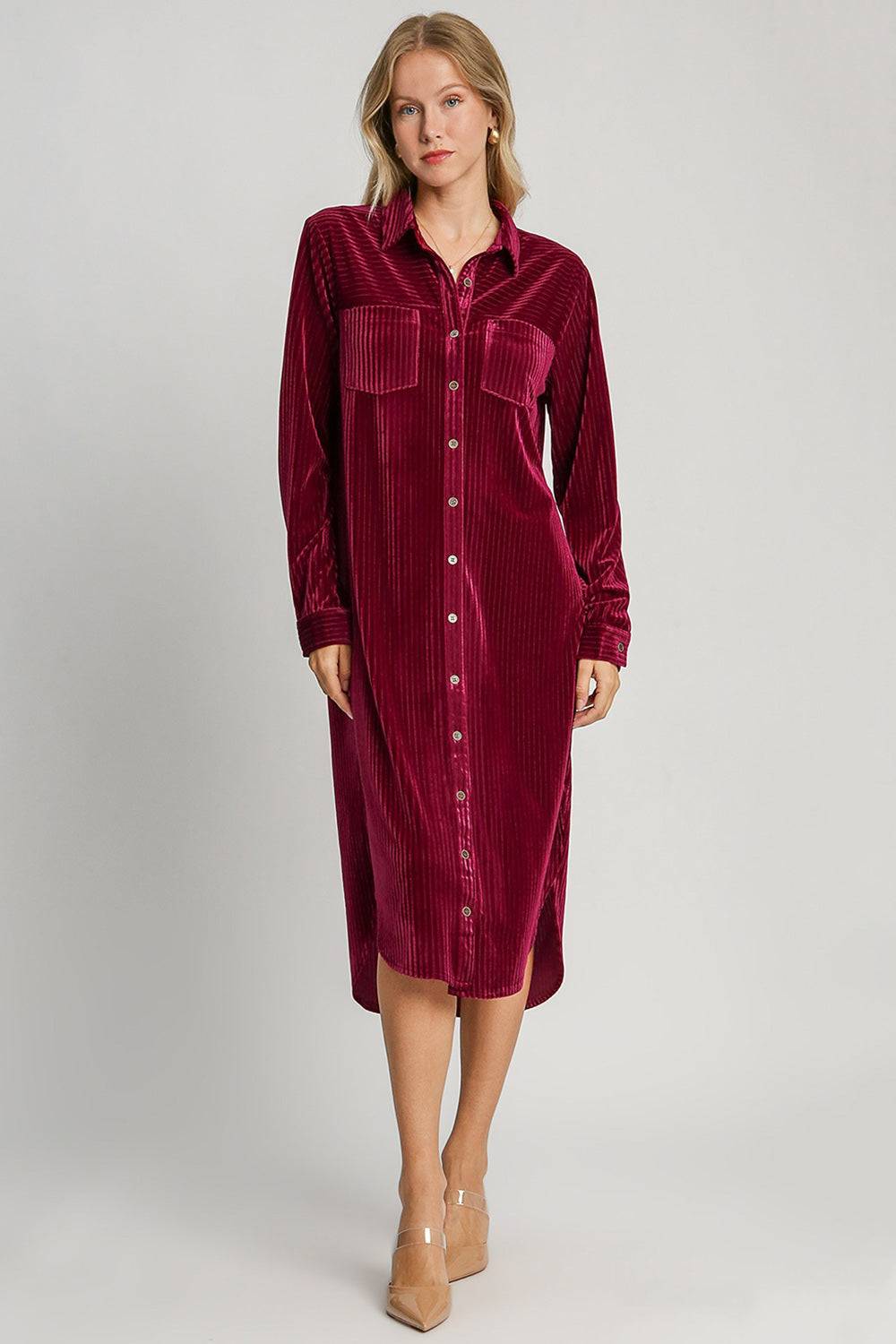 Umgee Texture Curved Hem Button Down Shirt Dress - Clothes For Her Online Store