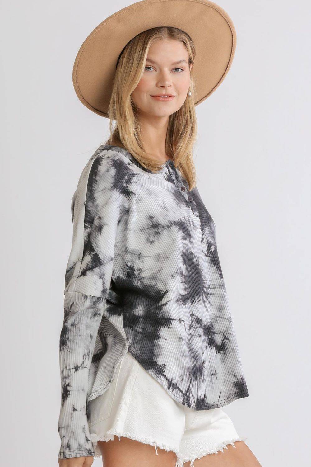 Umgee Full Size Tie Dye Round Neck Ribbed Button Front Top Plus Size - Clothes For Her Online Store