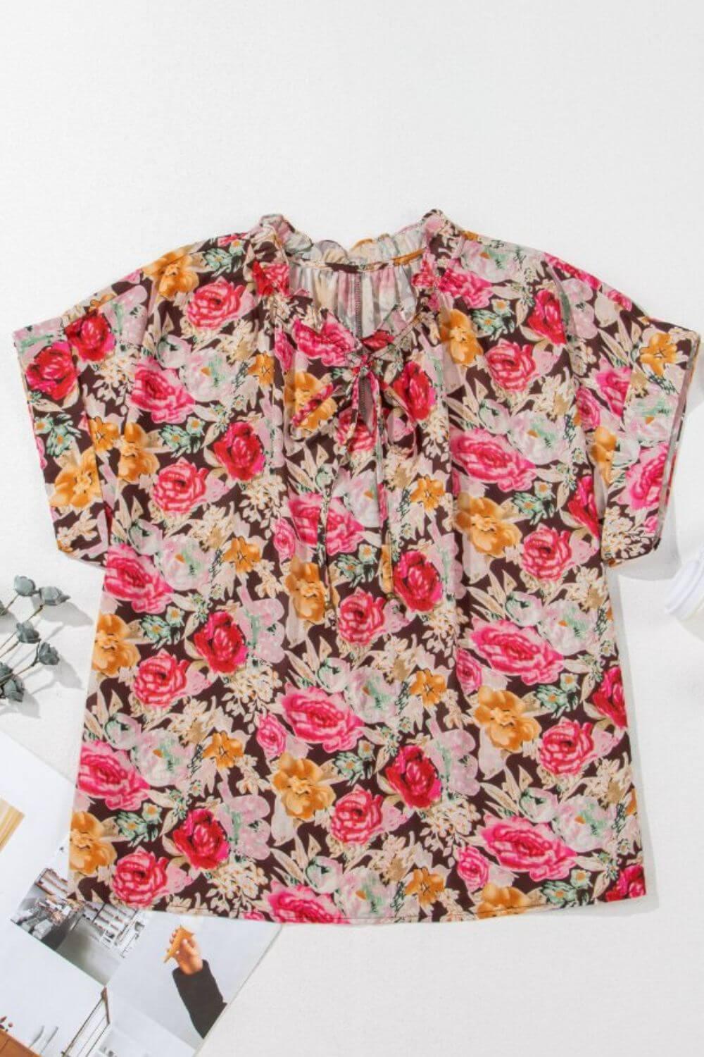 Floral Tie Neck Short Sleeve Blouse