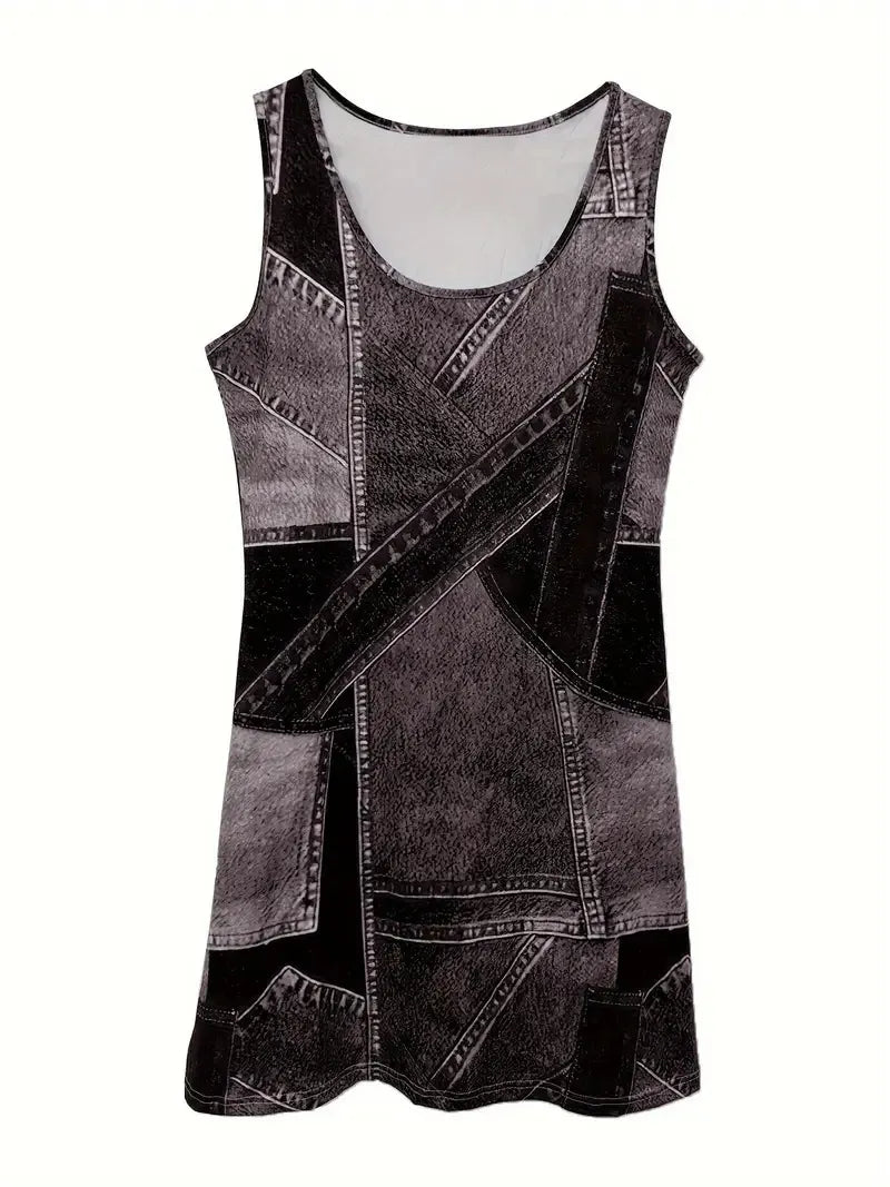 Patchwork Scoop Neck Denim Tank Dress