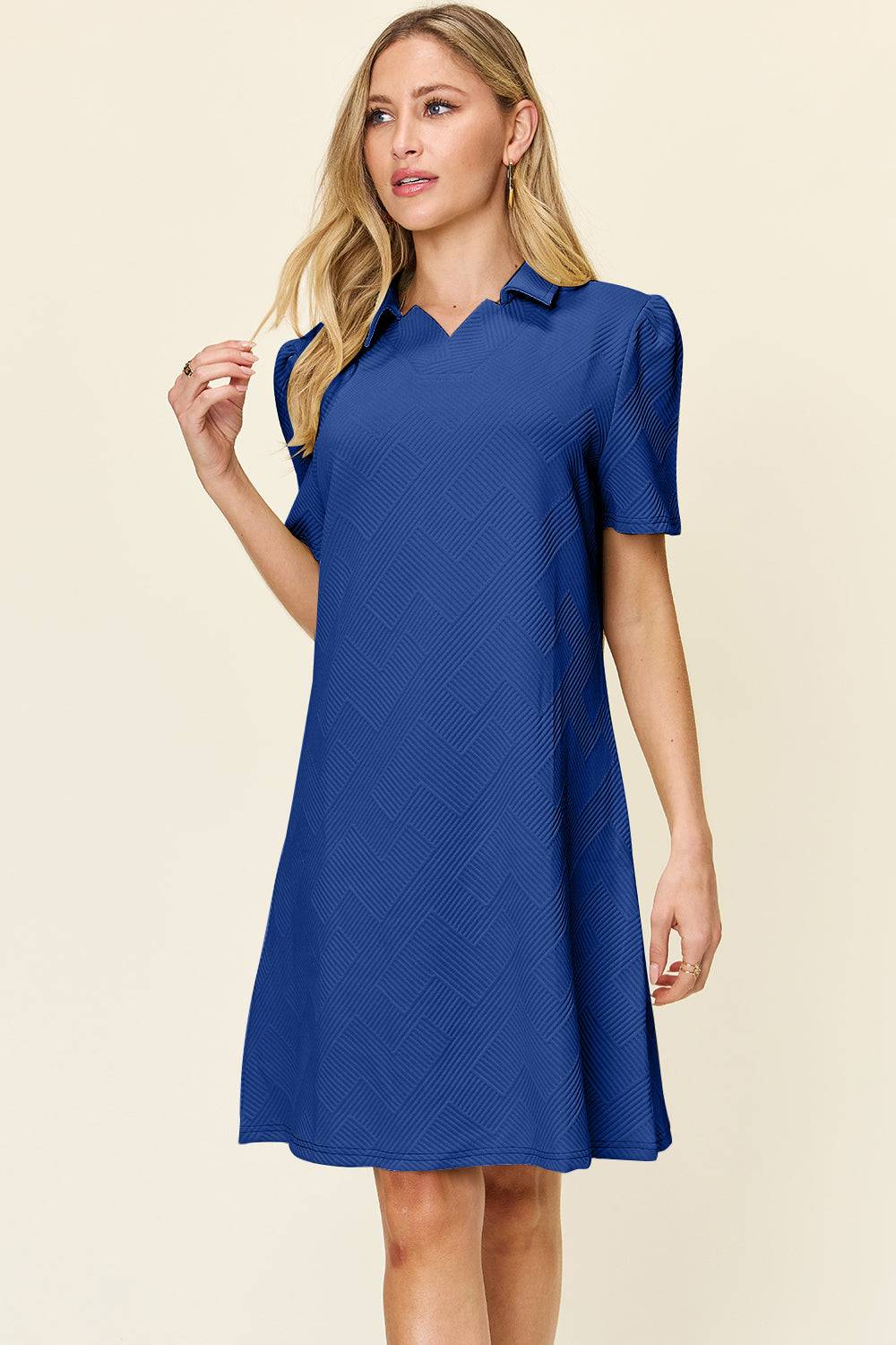 Double Take Full Size Texture Collared Neck Short Sleeve Dress - Clothes For Her Online Store