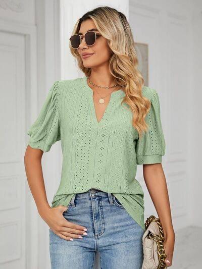 Florira Eyelet Notched Short Sleeve T-Shirt