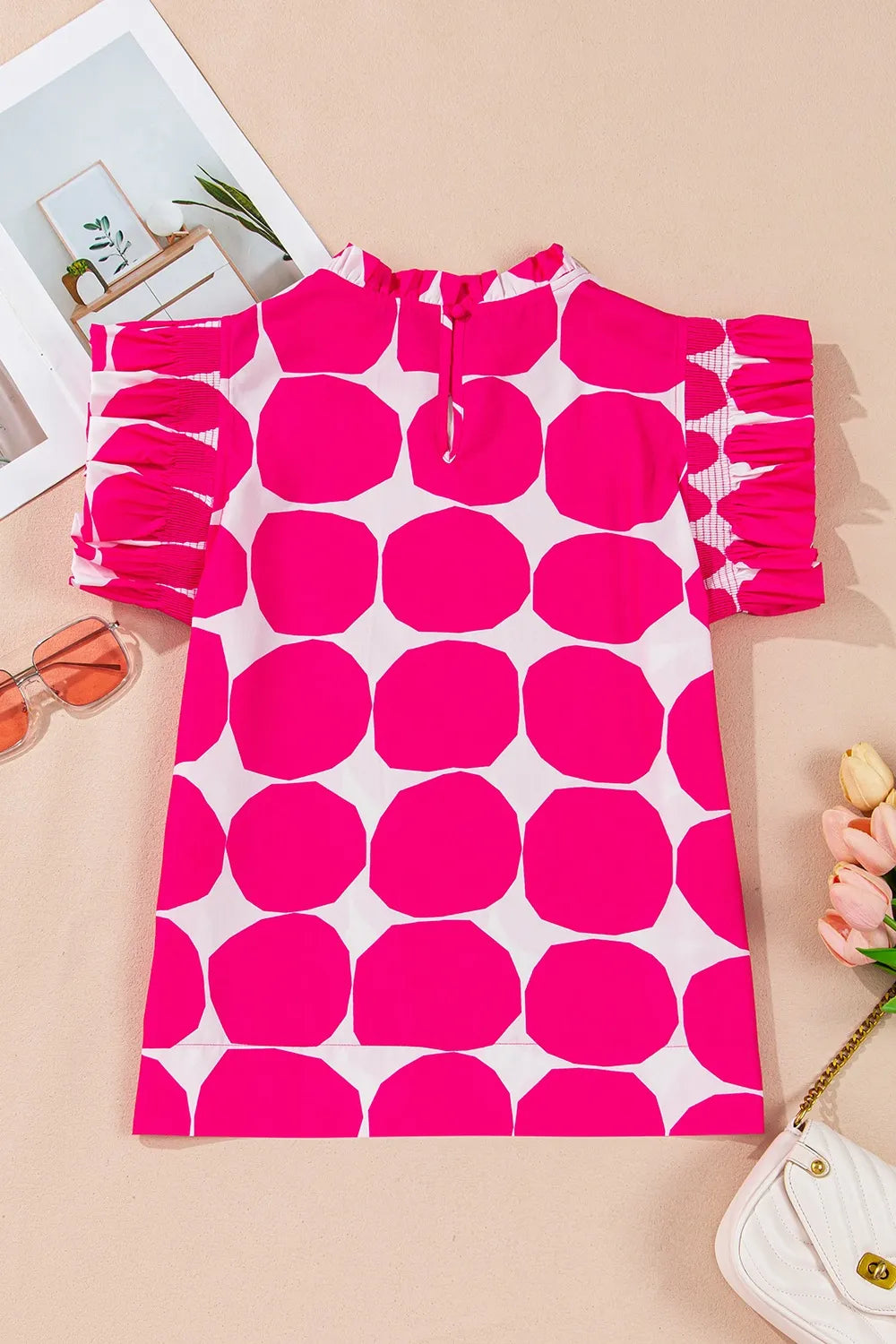 Bubblegum Pattern Frilled Collar Flutter Sleeve Top