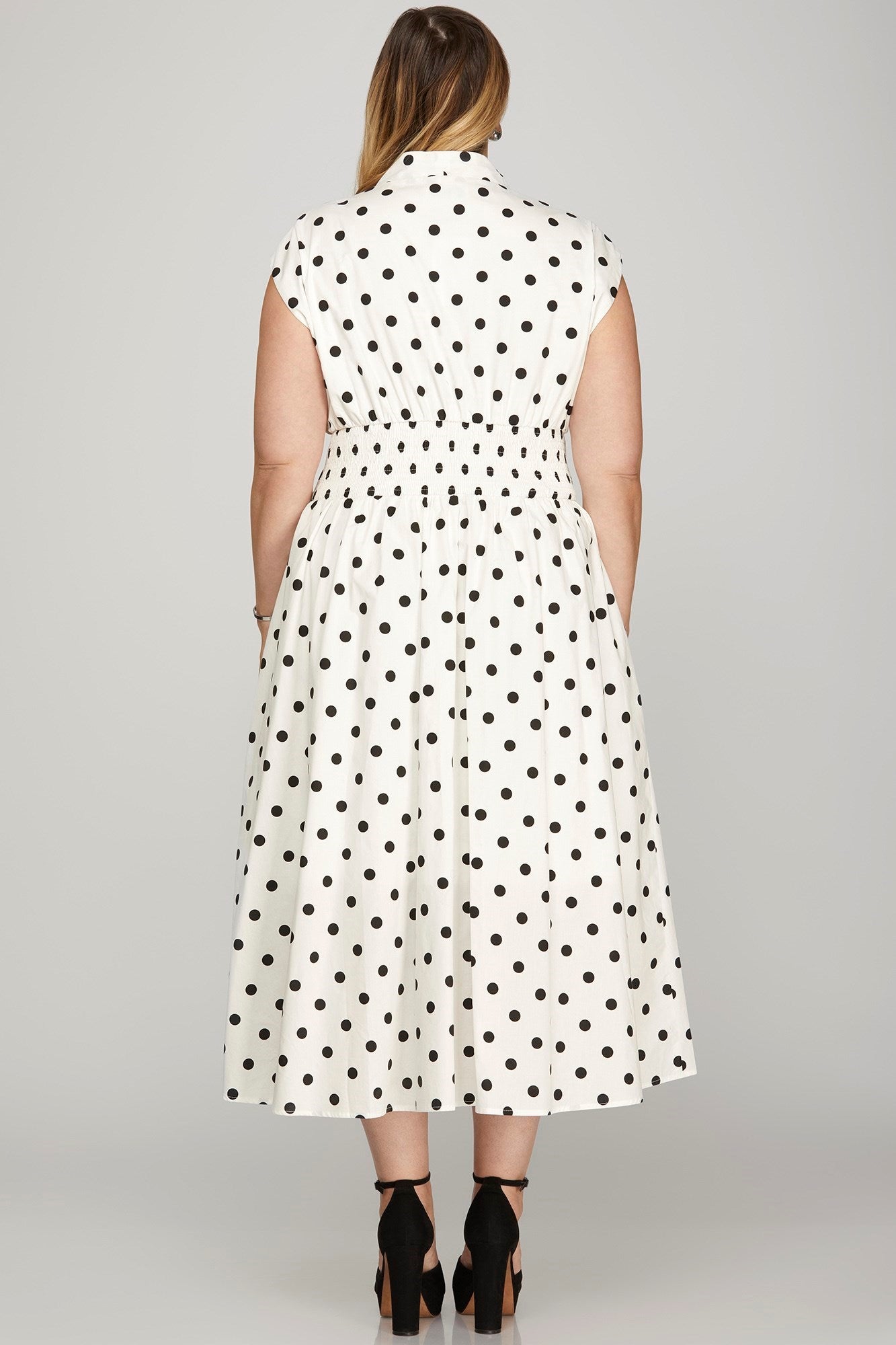 She + Sky Front Zip Polka Dots Cap Sleeve Midi Dress - Clothes For Her Online Store