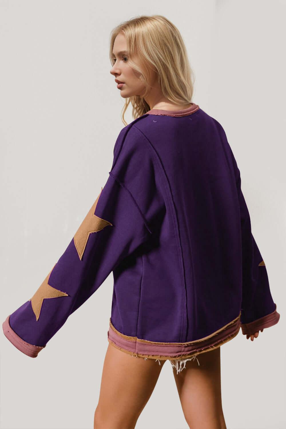 Double Take Star Patched Long Sleeve Sweatshirt - Clothes For Her Online Store