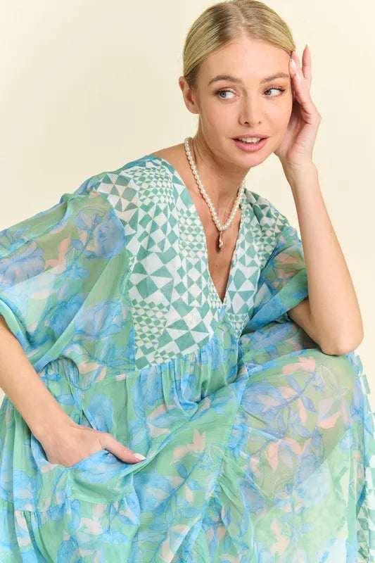 Davi & Dani Geo and Floral Print Mixed Tiered Dress