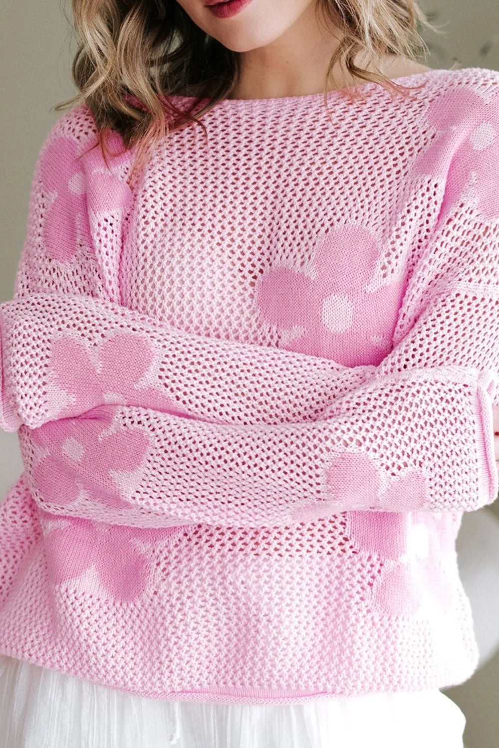 Openwork Round Neck Floral Knit Cover Up