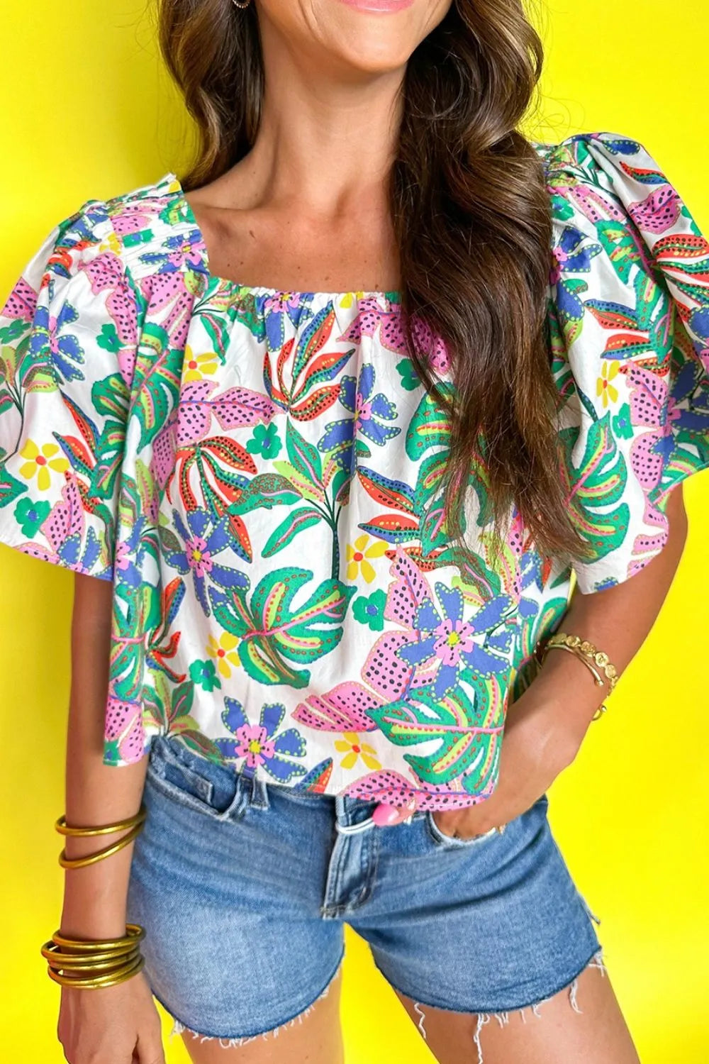 Plant Print Loose Fit Puff Sleeve Square Neck Blouse