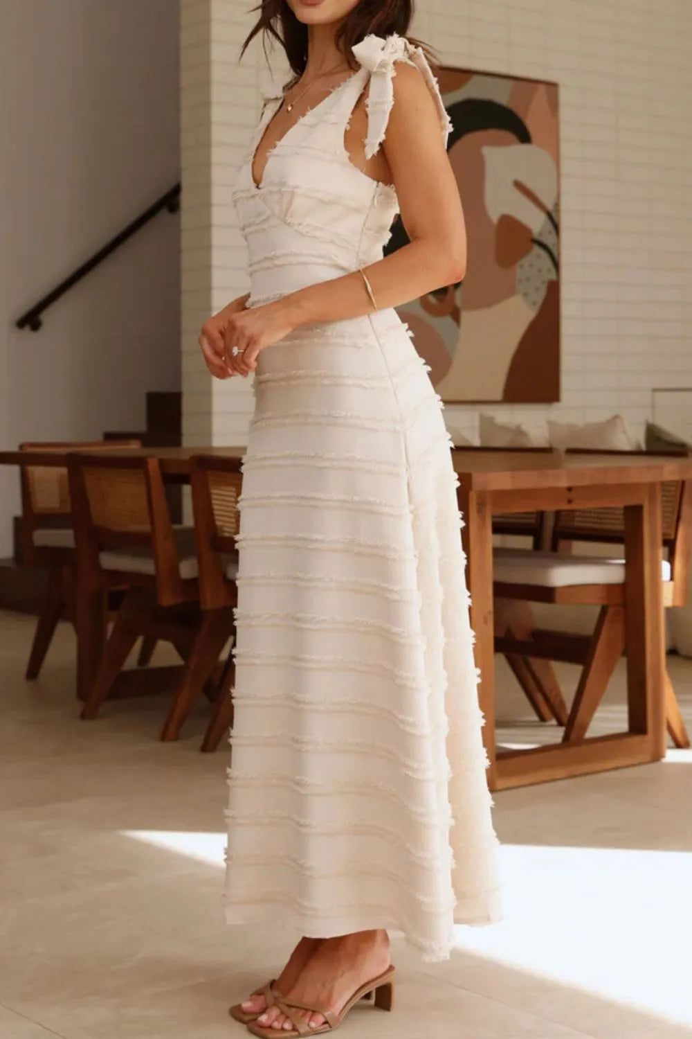 Textured V-Neck Tie Shoulder Dress