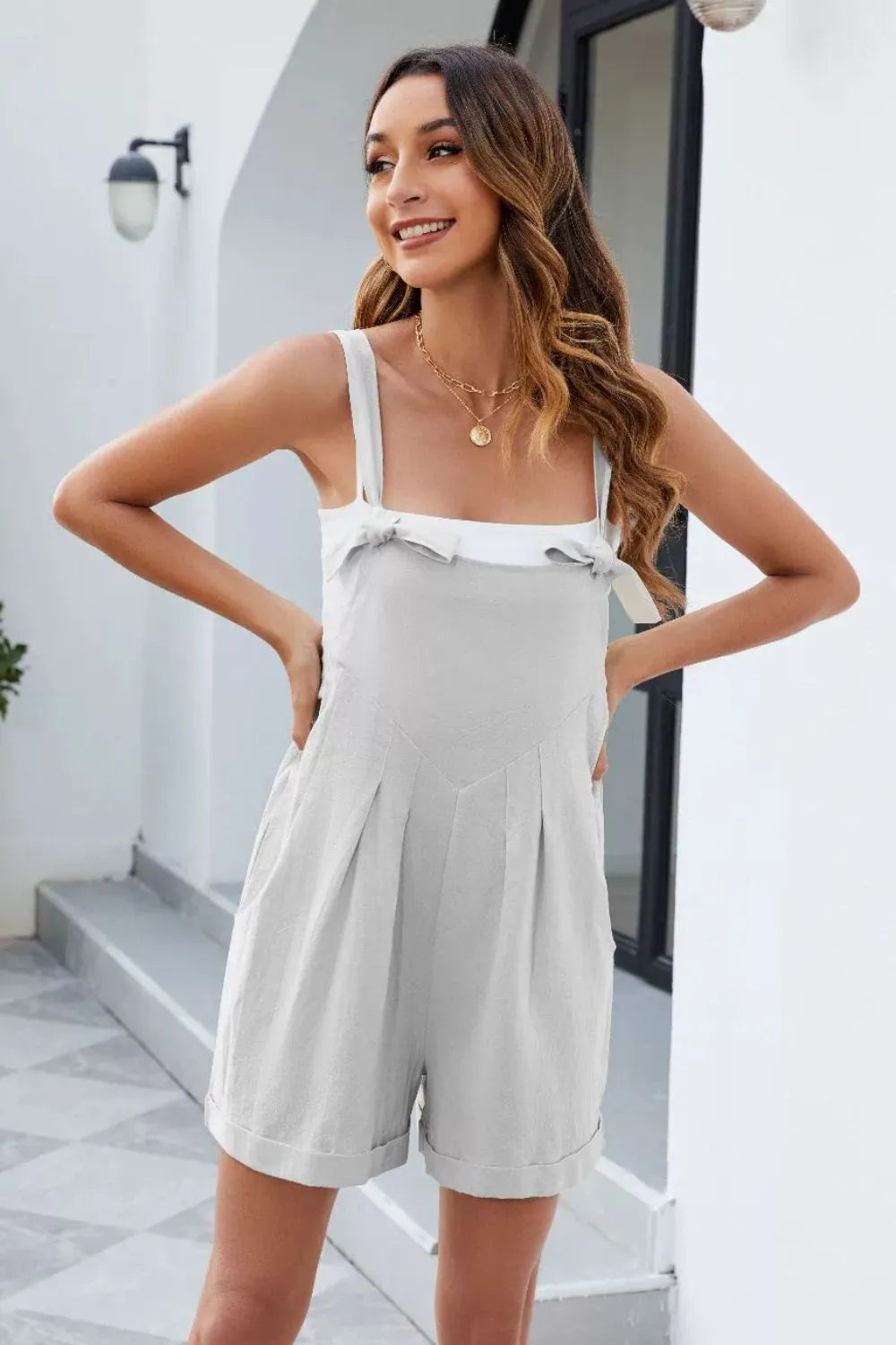 Knotted Strap Romper with Pockets