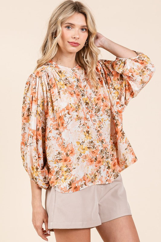 Mittoshop Flower Print Batwing Sleeve Button Down Blouse - Clothes For Her Online Store