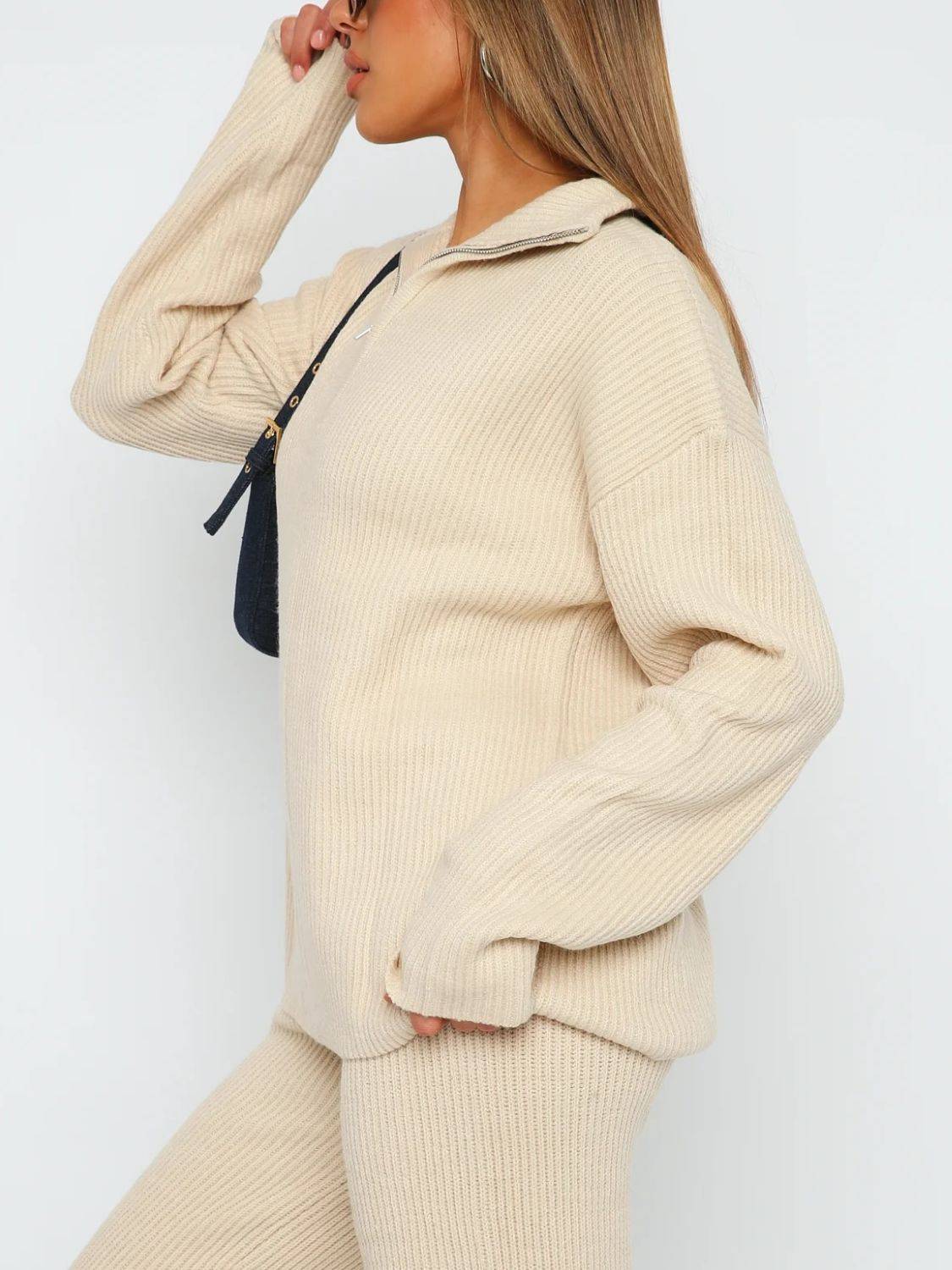 Quarter Zip Long Sleeve Top and Pants Set - Clothes For Her Online Store
