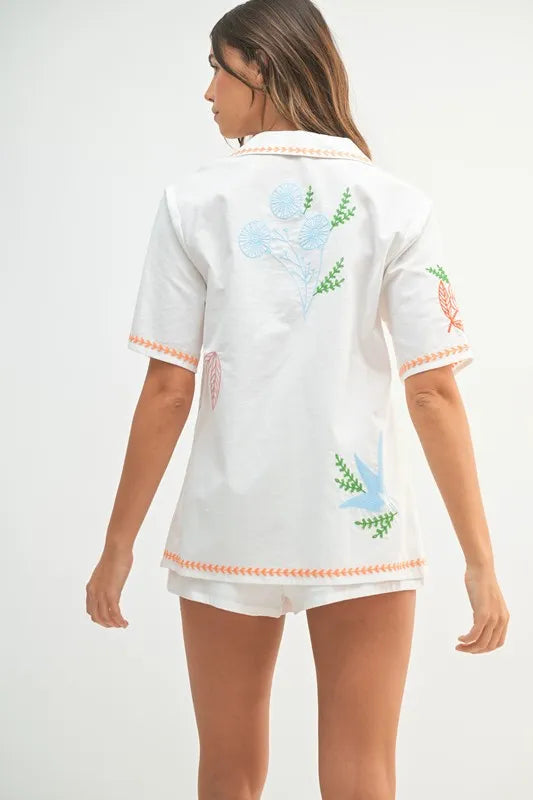 MABLE Embroidered Button Down Shirt and Shorts Set - Clothes For Her Online Store