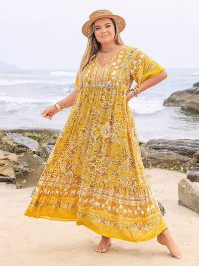 Plus Size Floral Tie Neck Flutter Sleeve Maxi Dress