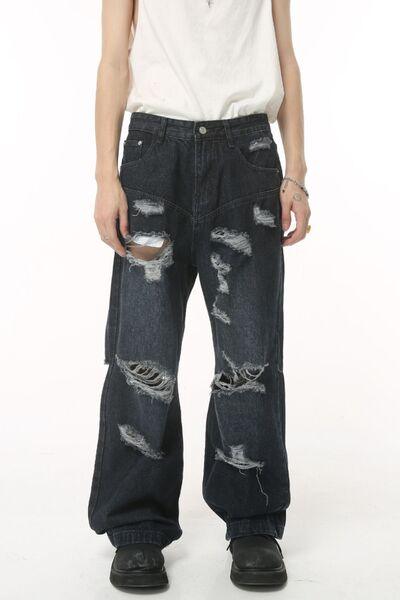 Distressed Wide Leg Pocketed Men's Jeans