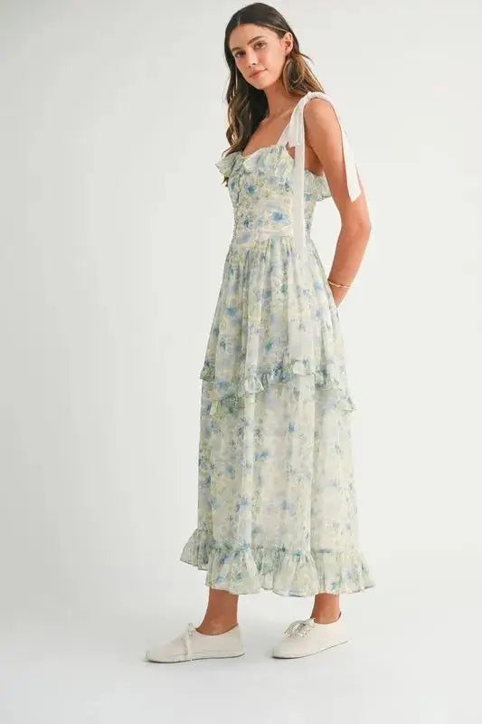 MABLE Floral Printed Shoulder Strap Midi Dress - Clothes For Her Online Store