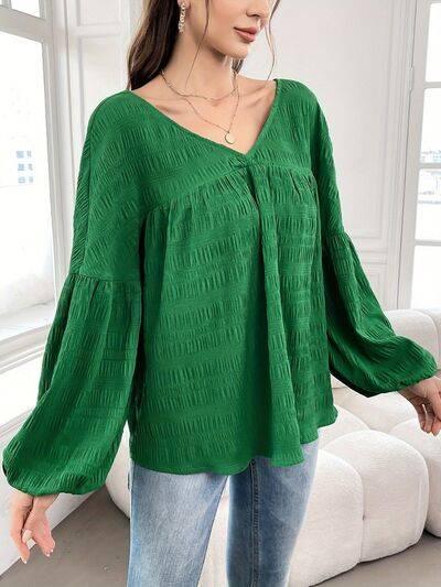 Plus Size Texture V-Neck Long Sleeve Top - Clothes For Her Online Store