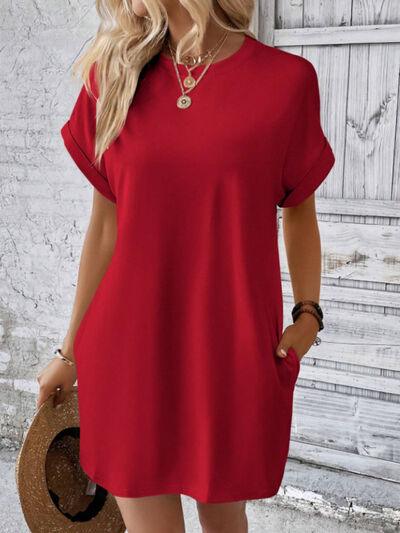 Round Neck Short Sleeve Mini Tee Dress with Pockets - Clothes For Her Online Store