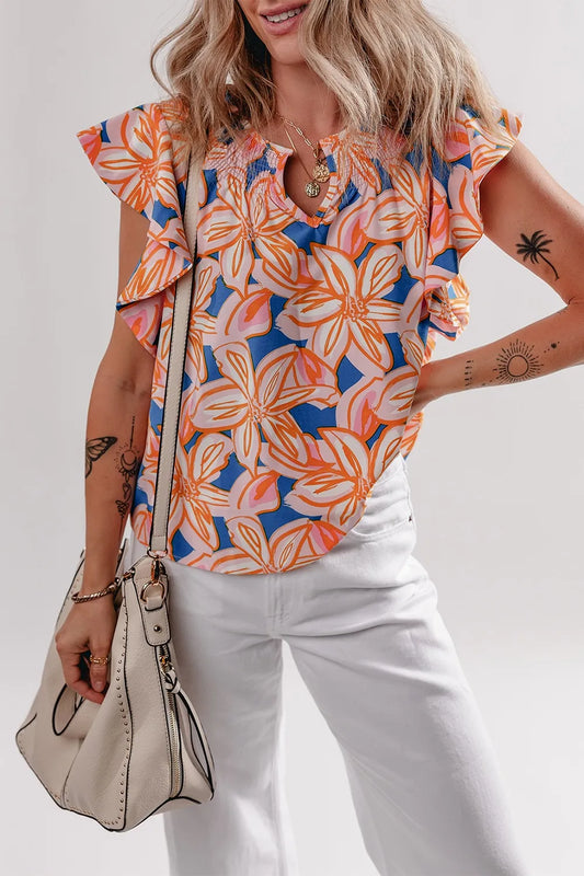 Flower Print Notched Neck Ruffle Sleeve Blouse
